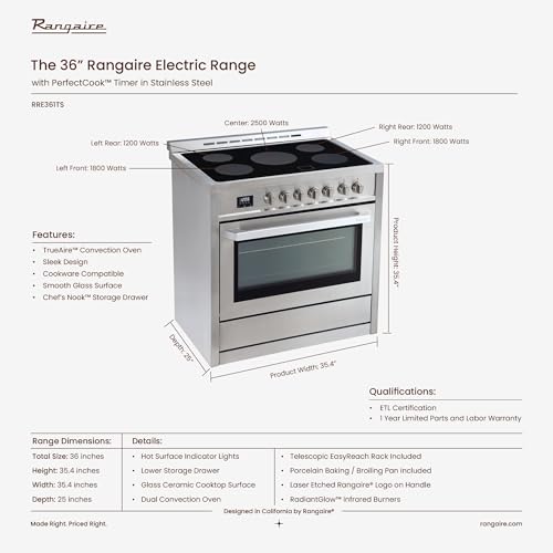 Rangaire RRE361TS 36 Inch Electric Range With 5 Burners, 4.3 Cu. Ft. Capacity, Freestanding Slide-In Airfry, Convection Oven thumb #6
