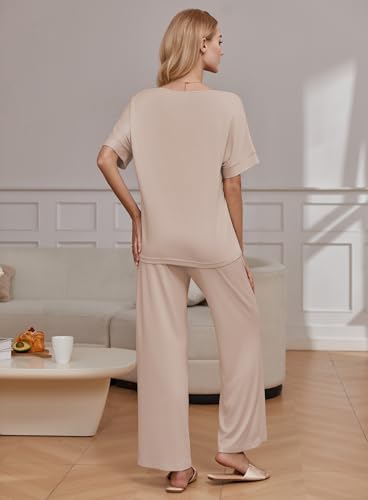 Image of Ekouaer Pajama Sets for Women 2 Piece Lounge Set Short Sleeve Tops and Long Pants Soft Comfy Pjs Sleepwear Outfits S-XXL