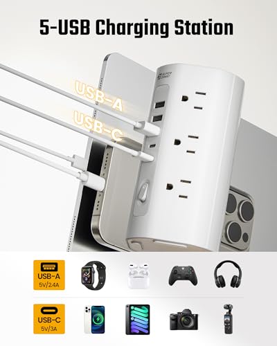 10Ft Tower Power Strip, Long Extension Cord, Flat Plug, 1700J, 12 AC 5 USB - image 5