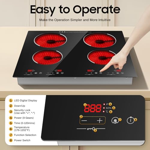 Image of 4 Burner Electric Cooktop 23 Inch Countertop & Built-in Ceramic Glass Stove Top 110V 3000W Electric Stove Top Hot Plate with 9 Heating Level, Child Lock, Timer, Hard Wire (No Plug)