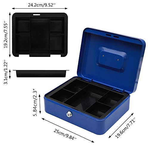 Image of KYODOLED Large Lock Box with Money Tray,Storage Cash Box with Lock,Safe Metal Box for Money,9.84 inchx 7.87 inchx 3.54 inch Blue Large