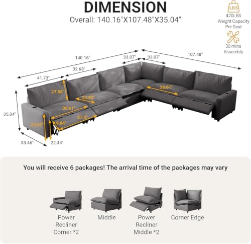 Image of 140.16 inch Power Reclining Sofa with Wireless Charging & Heated Seats, Smart Recliner Sectional Couch, Zero Gravity Recliner Modular Sofa, Deep Seat Cloud Couch for Living Room Home Theater, Grey