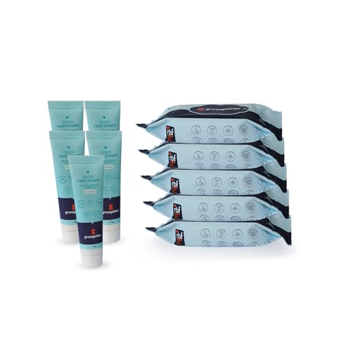 Image of Growgether Baby Care Travel Combo Pack of 10 | 5 Wet Wipes & 5 Diaper Rash Creams (10g) | Gentle Skincare Samples | Travel Size Baby Kit for Parents