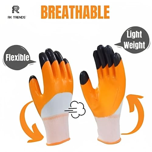 Image of Nitrile Coated Safety Gloves, Heavy Duty, Multipurpose (Pack of 48 Pairs, Orange - Black)