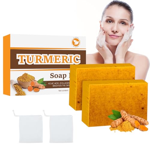 Ledeak 2 Piezas Jabón de Curcuma, Skin Lightening Jabon Curcuma Facial con Red de Burbujas, Limpieza Cuidado Kojic Acid Soap de Cúrcuma, Humectante Natural Turmeric Soap para Cara y Cuerpo