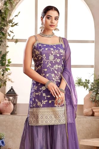 Image of Xomantic Fashion Womens Purple Color Banarasi Silk Kurta Sharara Set