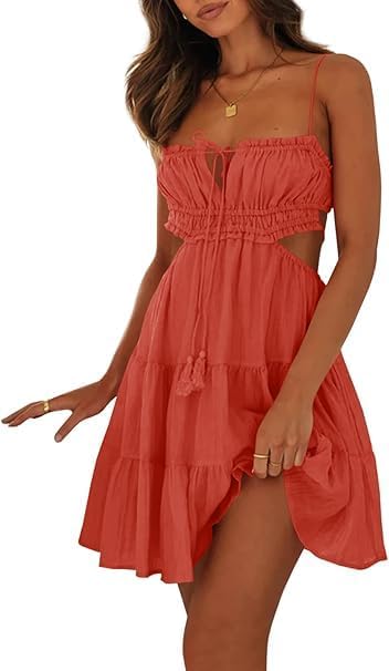 Wenrine Womens Summer Beach Mini Dress Adjustable Spaghetti Straps Sleeveless Backless Tiered Boho Sexy Dresses Orange