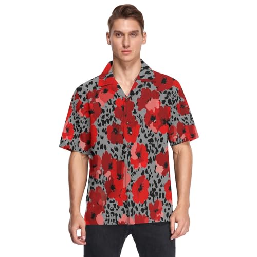 Chemise boutonnée manches courtes homme léopard coquelicot gris rouge
