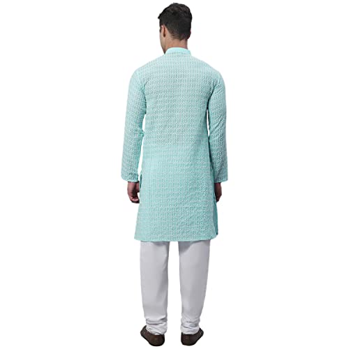 Image of SOJANYA (Since 1958 Men's Pure Cotton Blue Kurta with White Embroidery and White Pyjama Set