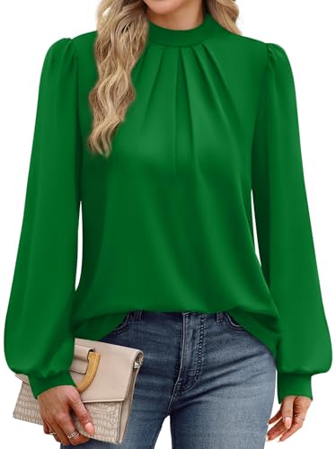 Image of WIHOLL Long Sleeve Shirts for Women Mock Neck Tops Pleated Front Blouses Dressy Casual Spring Fall Clothes 2026 Fashion