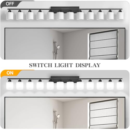 Image of 12 Light Black Vanity Lights for Giant Mirror, Bathroom Vanity Lights Over Mirror with Milky White Frosted Glass Shades,78.8 inch Bathroom Light Fixture for Mirrors, E26