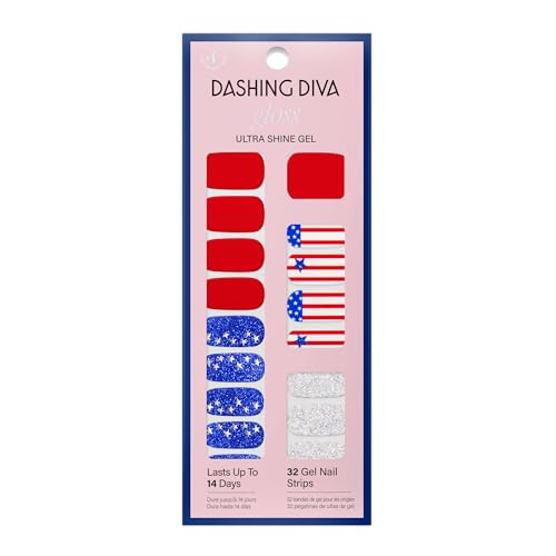 Dashing Diva Patriotic Gloss Nail Strips - National Anthem - UV Free, Chip Resistant, Long Lasting Gel Nail Stickers - 3-Piece Manicure Set - Contains 32 Wraps, 1 Prep Pad, 1 File