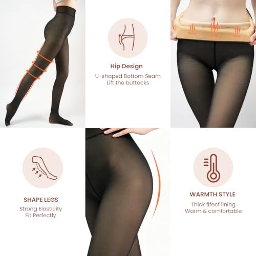 Image of Women Fleece Lined Tights Fake Translucent Sheer Thermal Tights | Winter High Waist Warm Pantyhose Leggings Sheer Thick Elastic Tights for Women
