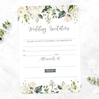 White Flower Garland - Ready to Write Wedding Invitations - Pack of 10. Floral, Greenery, Foliage, Elegant. Pefect For Friends and Family. Envelopes Included (15 0012)