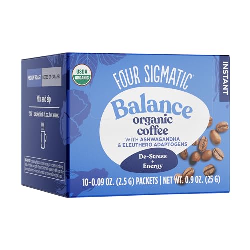 Four Sigmatic Organic Instant Adaptogen Coffee Medium Roast Instant Coffee with Ashwagandha, Chaga, Eleuthero & Tulsi Immune Support & Stress Relief Pack of 10
