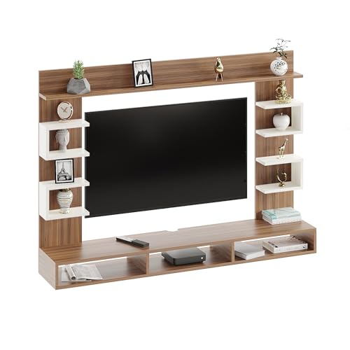 Image of FURNEASER Steven Wall Mount TV Unit for Living Room Wooden Entertainment Center with Storage Shelves Modern TV Panel Stand Showcase for up to 43 Inch Media Console Cabinet Exotic Teak & White