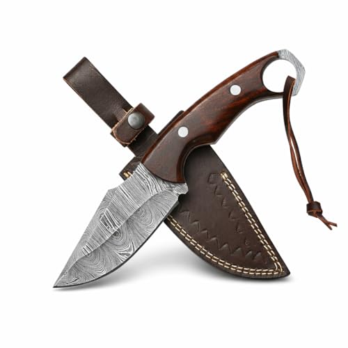 BISONBROS Damascus Hunting Knife 10 Inch – Fixed Blade Full Tang Knife with Leather Sheath – 288 Layer 1095 & 15N20 High Carbon Steel – Rosewood Handle Bushcraft Survival Knife for Camping
