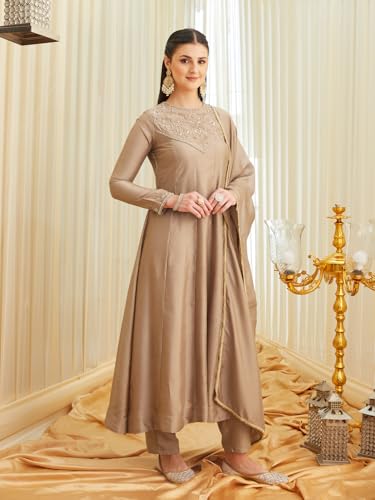 Image of MOKOSH Women's Silk Hand Work Anarkali Kurta Pant with Dupatta | Anarkali Kurta Pant | Embroidered | Round Neck Full Sleeve | 3 Piece Outfit | Ethnic Wear