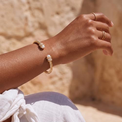 Image of Fettero Gold Cuff Bangle Bracelets for Women - 14K Plated Adjustable Open Cuff Gold Bangles Charm Elegant Twisted Cable Bangle Friendship Bracelets Lightweight Bracelet for Dainty Jewelry