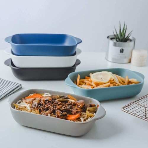 Image of Ceramic baking dish - Casserole Baking Dish with Handle, Baking Dishes for Oven, 7'' x 5'' Individual Baking Pan, Color Painted Porcelain Bakeware Set| Pack-2 (Blue Plain)