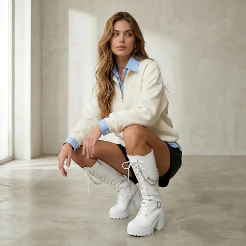 Image of Ladies' Boots Women Fashion Platform Block Heels Knee High Boots Lace up