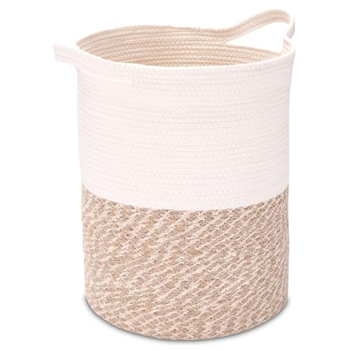 Decorasian Wäschekorb aus Jute und Baumwolle – Wäschesack groß und rund – großer Wäschesammler mit Griffen – Laundry Basket für Kinder -...