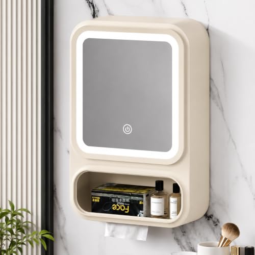 Image of HOME CUBE Wall Mounted Storage Cabinet with LED Mirror, Bathroom Cabinet Storage, Adhesive Bathroom Organizer, Tissue Holder, Cosmetic Organizer, Space Saving, No Drilling Required