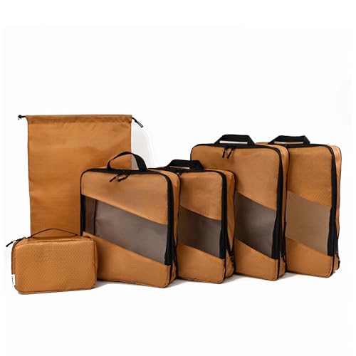 Compression Packing Cubes for Travel – 6-Pack Expandable Luggage Organizer Bags | Lightweight Storage Solution for Suitcase, Backpack & Carry-On | Travel Accessories for Men & Women (Brown & Camel)