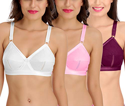 Image of SONA Women's Cotton Non-Padded Non-Wired Full Coverage Bra (White-Pink-Wine 42B) Pack of 3