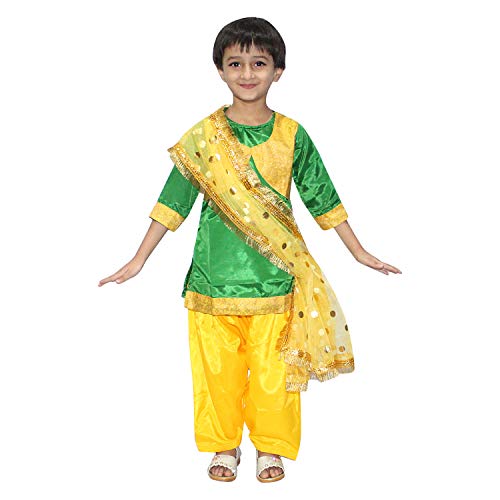 Image of Kaku Fancy Dresses Indian State Punjabi Folk Dance Costume For Kids /Salwar Suit With Dupatta For Girl Costume - Green & Yellow, 10-12 Years
