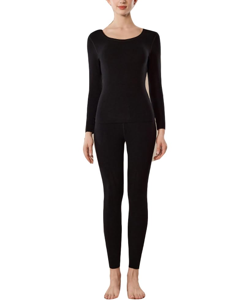 GUOCU Mujer Conjuntos de Ropa Interior Atlético Térmica Capa Base Suave de Lencería con Forro Polar Cómodo Capa Base Top Manga Larga y Leggings Lisos