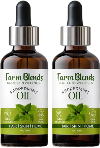 Image of Farm Blends Peppermint Essential Oil 100% Undiluted Pure | Headache Relief, Anti Acne, Anti Dandruff, Relaxes Muscle, Cough Relief, Keeps Rats Away | Farm To Home | Natural | Mentha piperita|30ML + 30ML (Pack of 2)