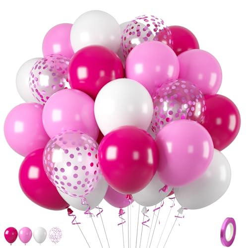 Hot Pink Balloons, 30 pcs Hot Pink Matte Pink White Birthday Balloons with Confetti Balloons, Hot Pink White Latex Helium Balloons for Birthday Bride Wedding Balloons Kids' Party Balloons Decorations