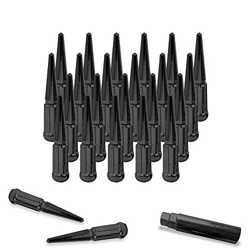 24pcs 7-Spline 14x1.5 Spike Wheel Lug Nuts M14-1.5 Conical/Cone Seat Solid Steel Closed-end One-Piece w/Key Black Finish