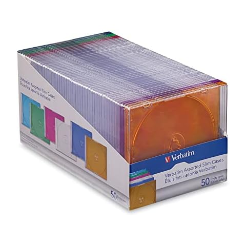 Verbatim CD DVD Blu-Ray Disc Slim Storage Disc Cases 0.2 inches Assorted Colors 50 Pack (40 Clear - 10 Colors) -71128 Cover