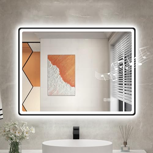STARLEAD 24"x32" Black Frameless LED Bathroom Mirror with Bluetooth Speaker, 3 Color Temperature, Stepless Dimming, Anti-Fog, Touch Control, Wall-Moun