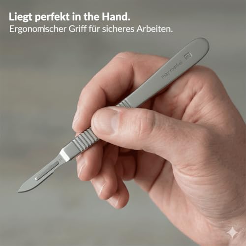 May Set Skalpell Set mit 10x Skalpellklingen Figur 10 aus Karbonstahl (einzeln steril verpackt) & Edelstahl Skalpellgriff Nr. 3 – Präzisionsmesser für Basteln, Modellbau & Hobby