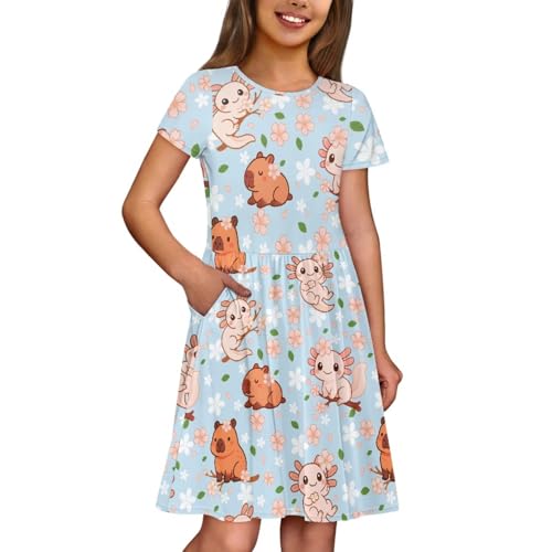 Image of Short Sleeve Dress for Girls with Pockets Cute Toddler Girl Clothes Summer 2-12