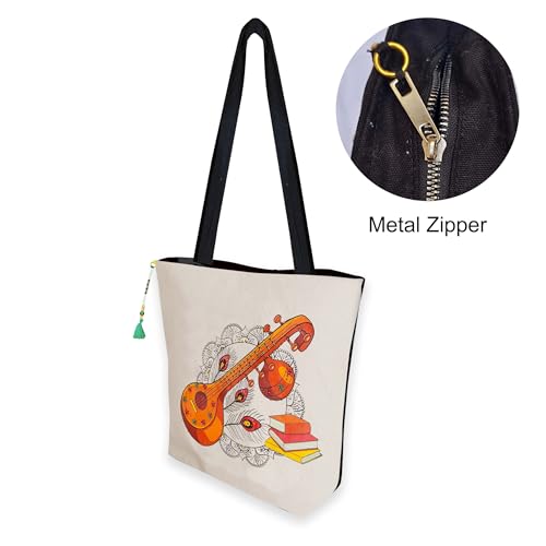 Image of Hand-Printed Tote Bag with Classical Design-Reusable, Zipper Closure For Women & Girls