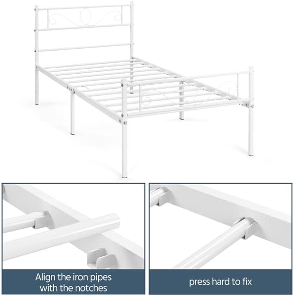 Close-up image showing how to align the iron pipes with the notches during bed frame assembly.