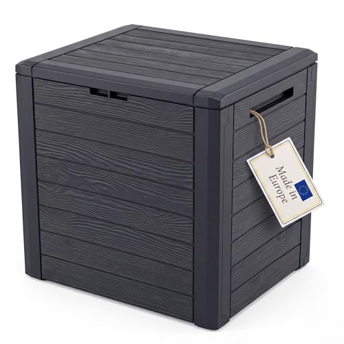BigDean Gartenbox klein kompakt 140 Liter ideal für Balkon und kleine Flächen Holzoptik Auflagenbox
