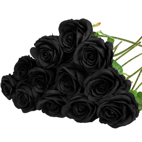 SrgPui 12 Pcs Black Artificial Roses Single Stem Realistic Silk Rose Bouquet DIY Decoration for Home Living Room Garden Wedding Party