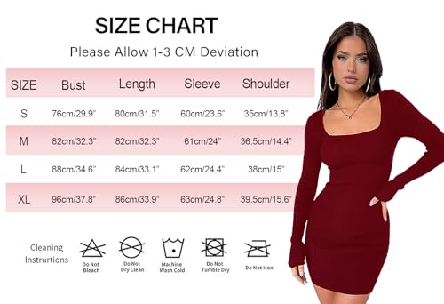 TrendiMax Damen Bodycon Minikleid Gerippt Langarm Freizeitkleid U-Ausschnitt Stretch Party Club Kleid Enges Basic Kleider Einfarbig (M, Schwarz)