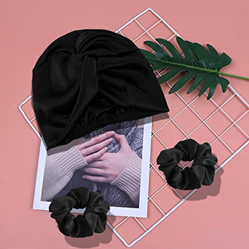Satin Hair Wrap for Sleeping Bonnet Double-Sided Sleep Cap Sleep Turban Hair Bonnet with 2 Pcs Hair Scrunchies for Curly Hair Women Sleep Cap with Elastic Bow Stay On Head - Image 2