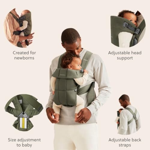 Image of BabyBjorn Baby Carrier Mini, Woven, Dark Green | Newborn Carrier (7-15 lbs), Ergonomic, Easy-to-Use