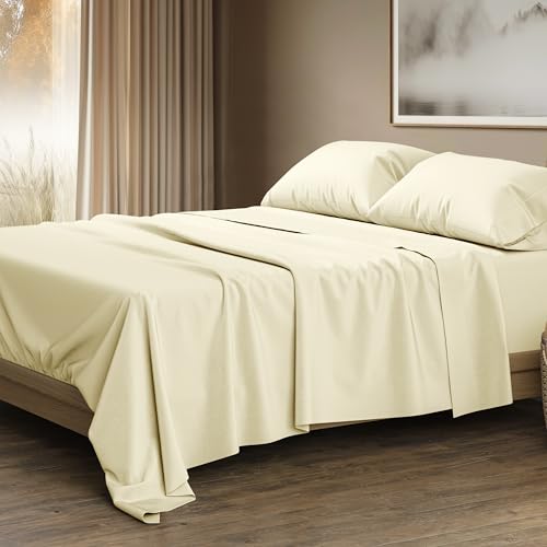 Image of THREAD SPREAD 100% Egyptian Cotton Sheets Queen Size - Luxury 1500 Series Queen Sheet Set Egyptian Cotton (4 PC, Ivory), Silky Soft, Sateen Weave, Cooling & Breathable, 17 inch Deep Pocket Bed Set