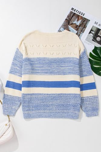 Women's Light Blue Open Stitch Puff Sleeve Sweater4
