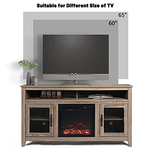 Lynslim Entertainment Center For 65 Inch With Fireplace - Farmhouse Tv Stand With Storage Shelves & 2 Mesh Doors For Living Room, Industrial Tv Console Table For Entryway, Grey #TOP5