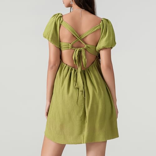 Image of Women Y2k Puff Sleeve Babydoll Dresses Square Neck Tie Back Mini Dress Summer Solid Off Shoulder Flowy Sundress