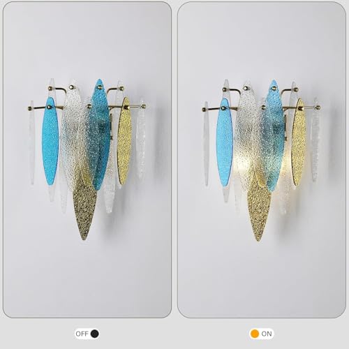 Image of Modern Gold Wall Sconces Set of Two, Glass Crystal Wall Light Fixtures with Colorful Leaves, 2-Light Art Decor Wall Lamps for Bedroom Living Room Bathroom